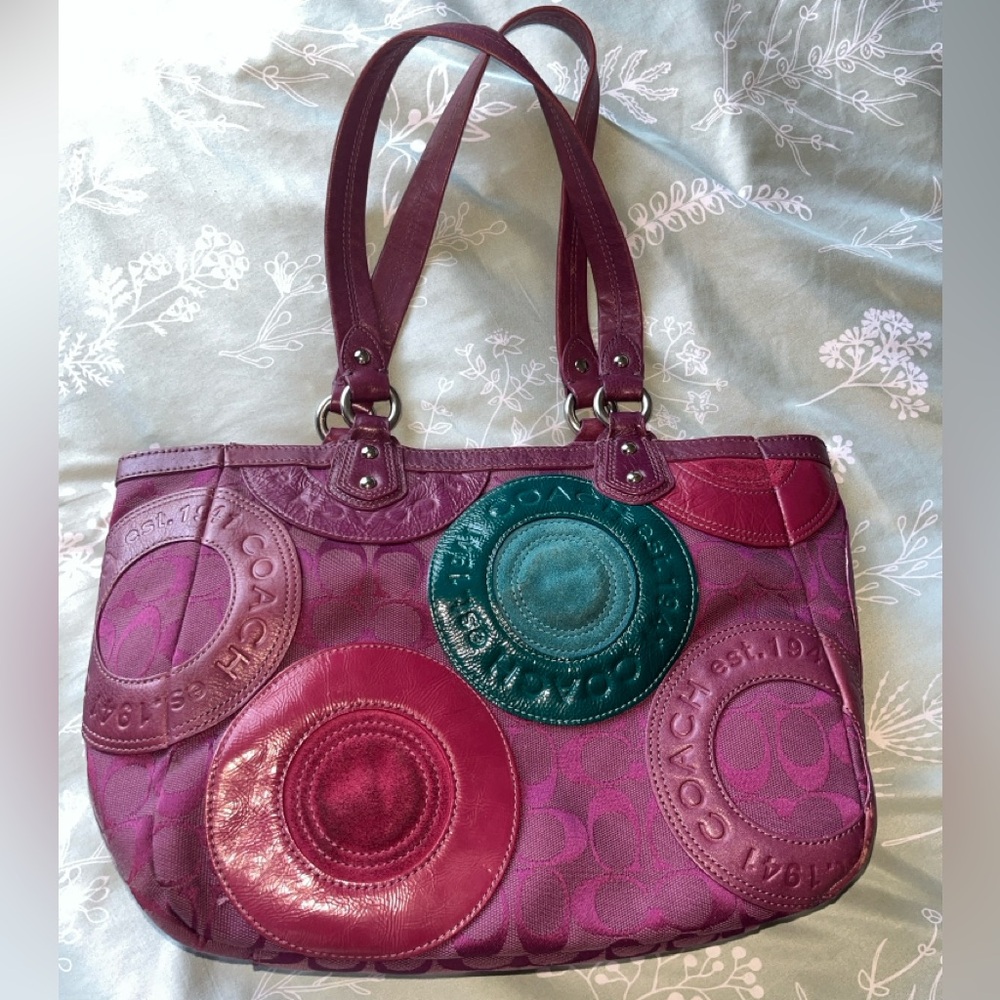 Coach Purse Galaxy Purple & Teal Circles Patchwork Canvas & Leather